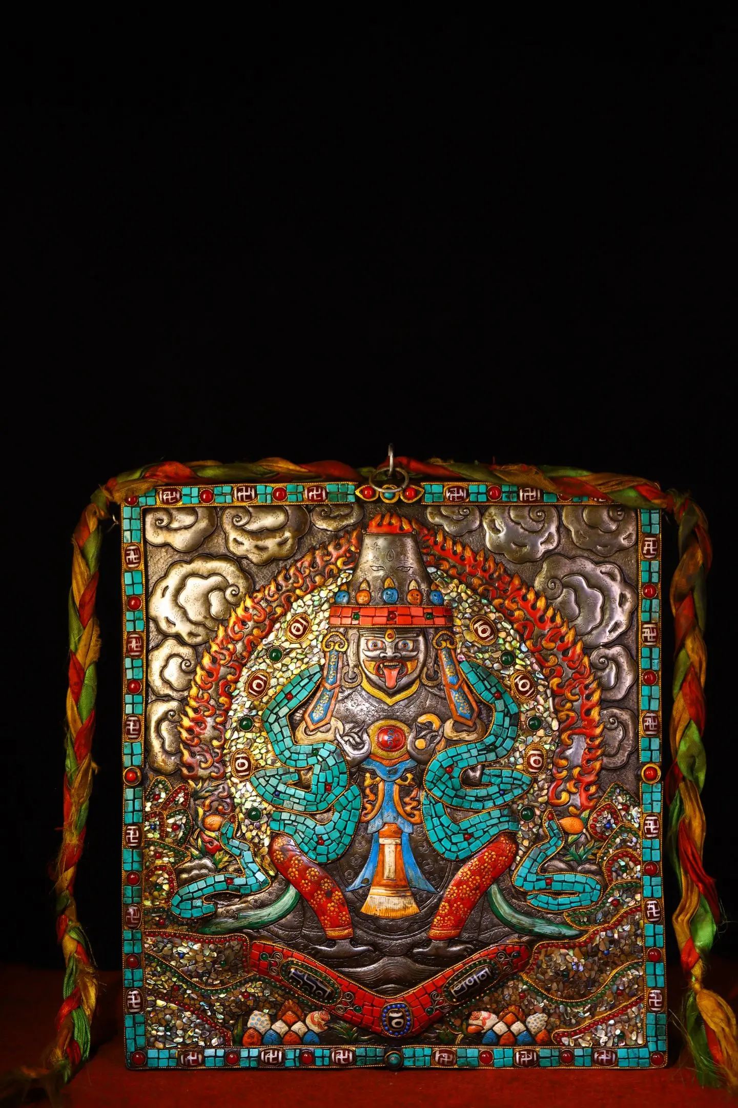 

Old Xizang Folk Tiantie Painted Mosaic Gem gZi Beads Turquoise Zagilam Buddha Amulet Thangka hanging panel