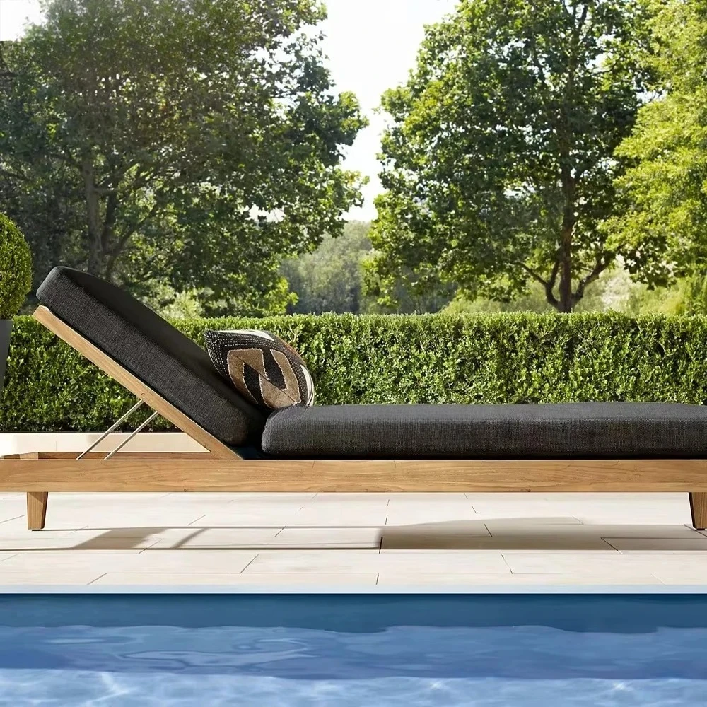 

High-end Garden Poolside Leisure Outdoor Large Sturdy Sofa Bed Seamless Solid Teak Sunlounger