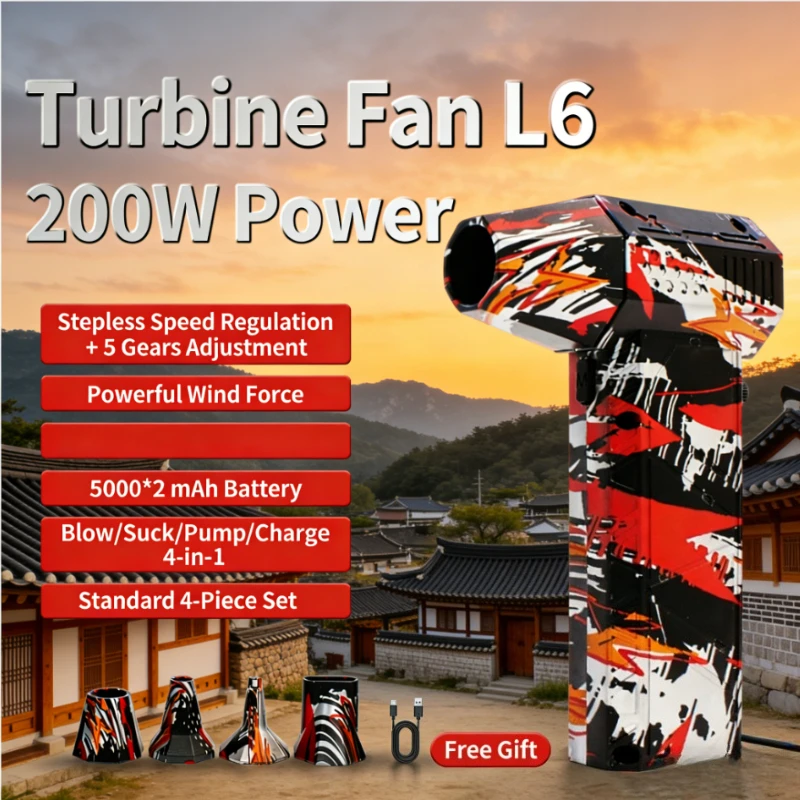 

Turbine Fan L6 (200W): Professional 4-in-1 Tool with Blow/Suck/Pump/Charge, Dual Battery + 4-Piece Accessory Bundle
