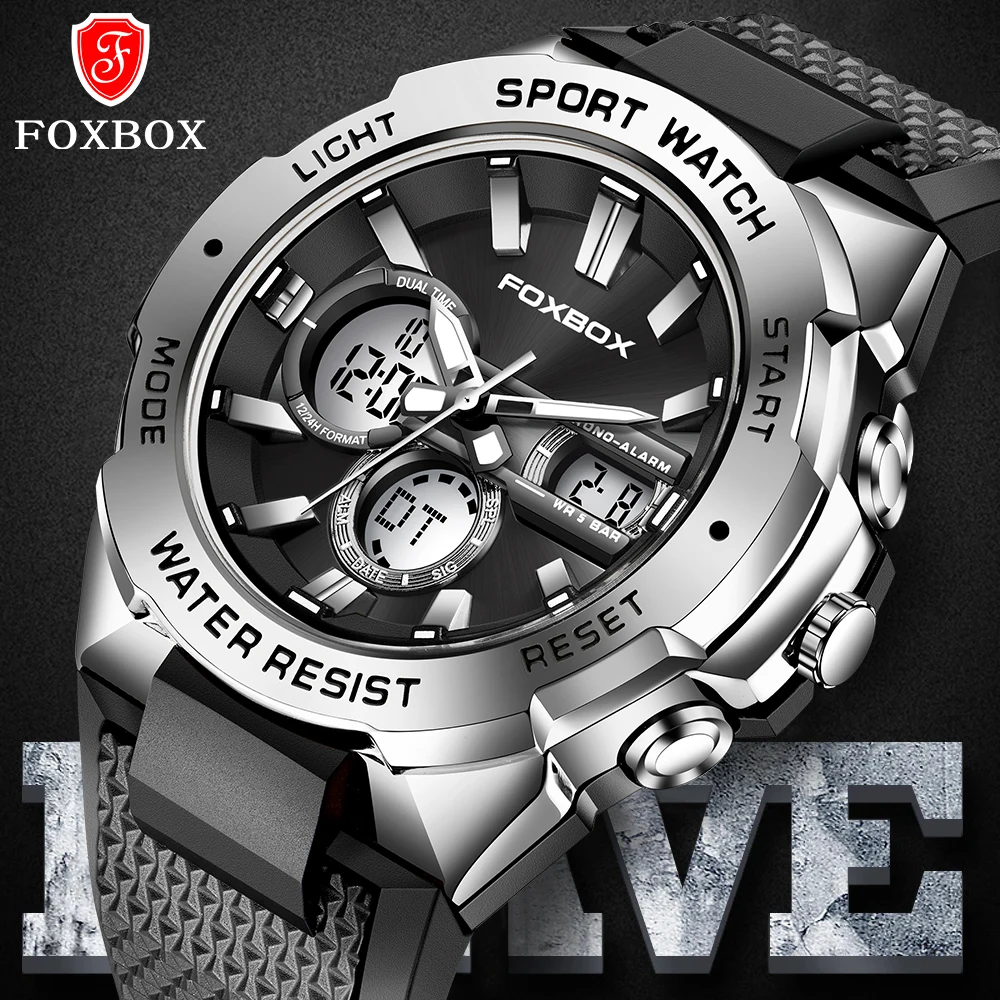 FOXBOX Luxury Watches Mens Dual Display Digital Watch Waterproof Men Sport Wristwatch Man Military Clock Male Watch Reloj Hombre