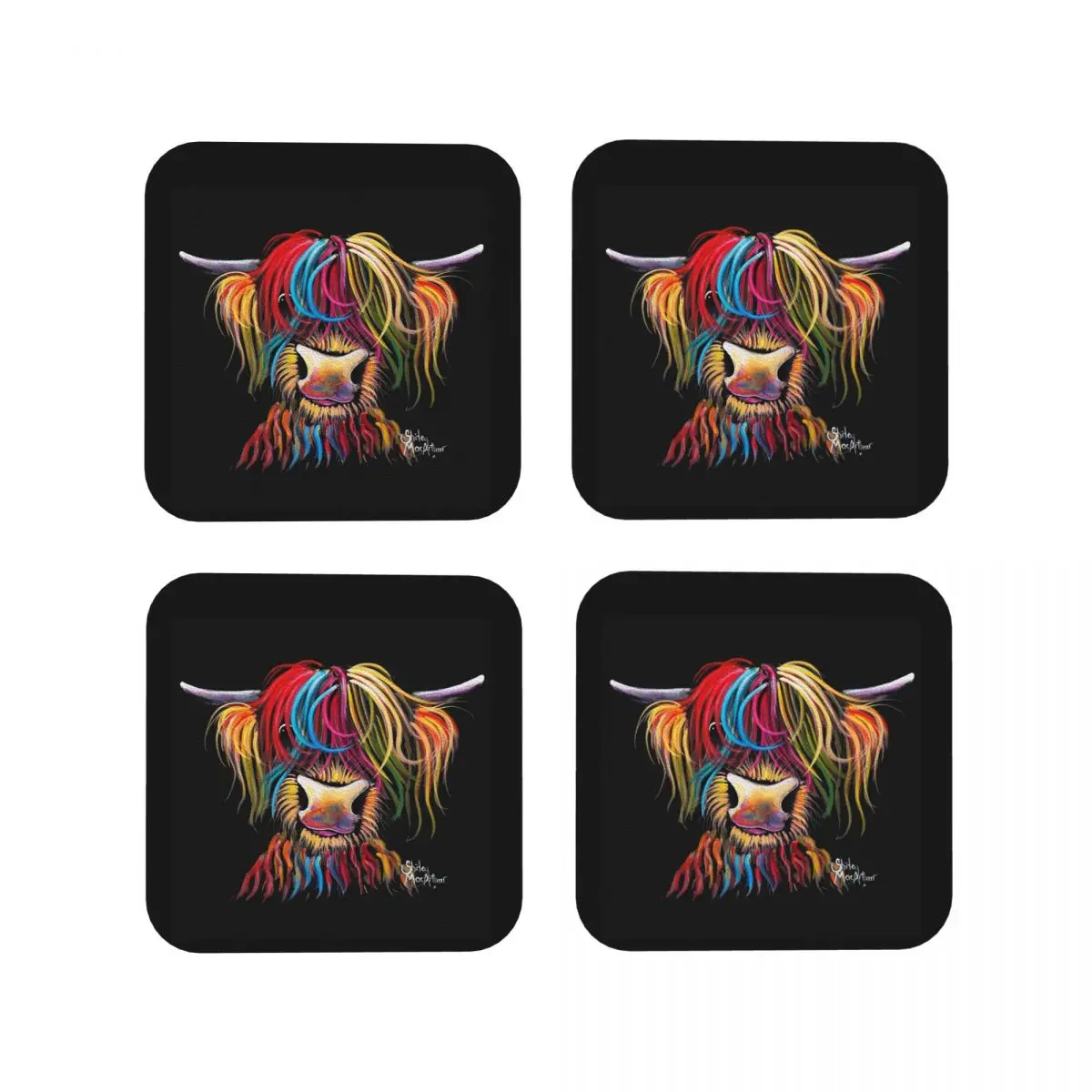 Scottish Highland Cows Coasters Kitchen Placemats Waterproof Insulation Cup Coffee Mats For Decor Home Tableware Pads Set of 4