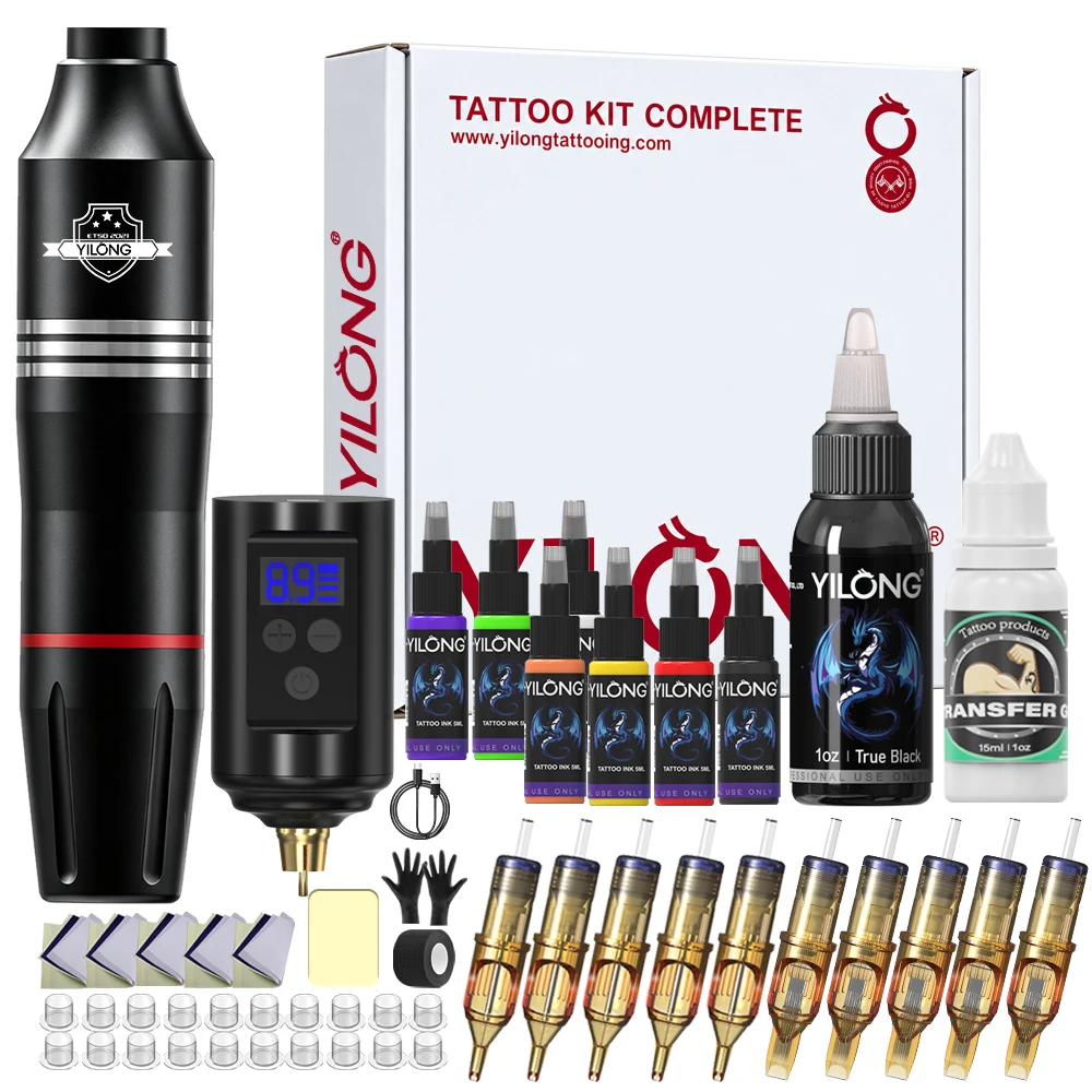 YILONG Wireless Rotary Tattoo Pen Kit 7H Battery Life, 10pcs Needles, Portable Tattoo Machine Set for Professional Artists