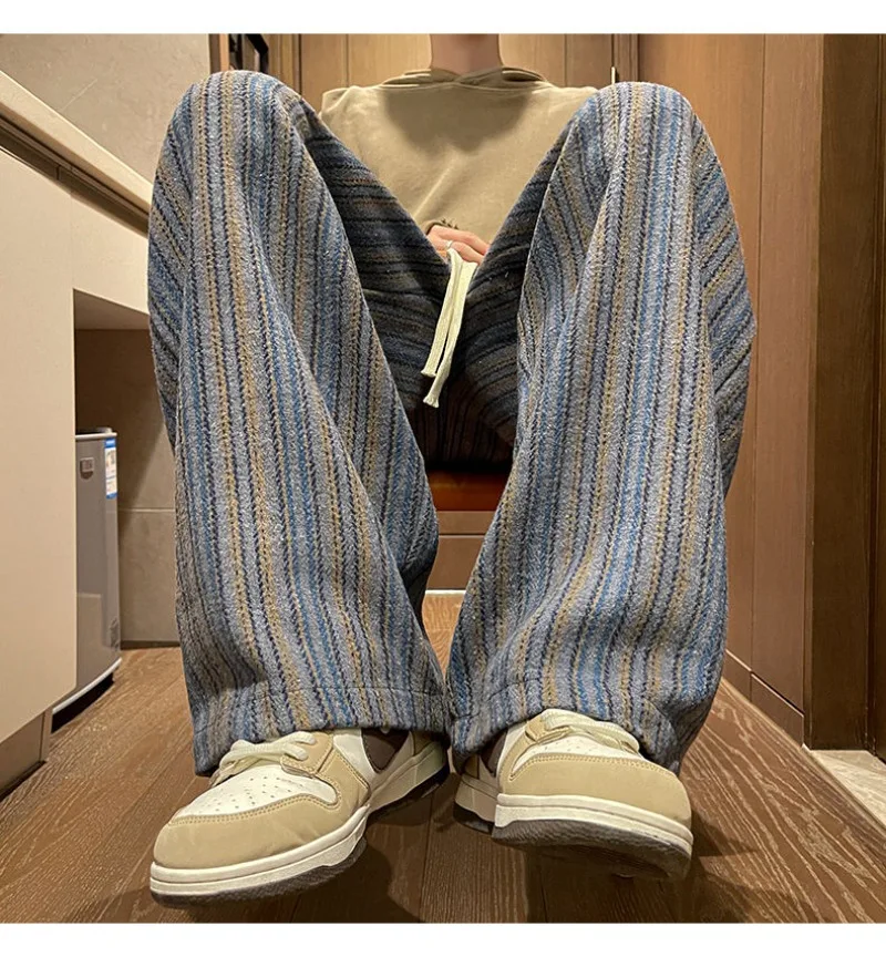 

Men's Earth Tone Wool Pants Fall Winter, Striped Wide Leg Trousers American Streetwear Loose Fit Straight Cut Casual Dress Pants