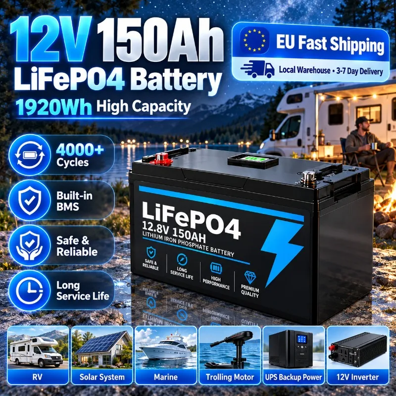 Bateria de Lítio LiFePO4 de Ciclo Profundo 12V 150Ah, Mais de 4000 Ciclos de Recarga, Armazenamento de Energia de Alta Capacidade para RV, Trailer,