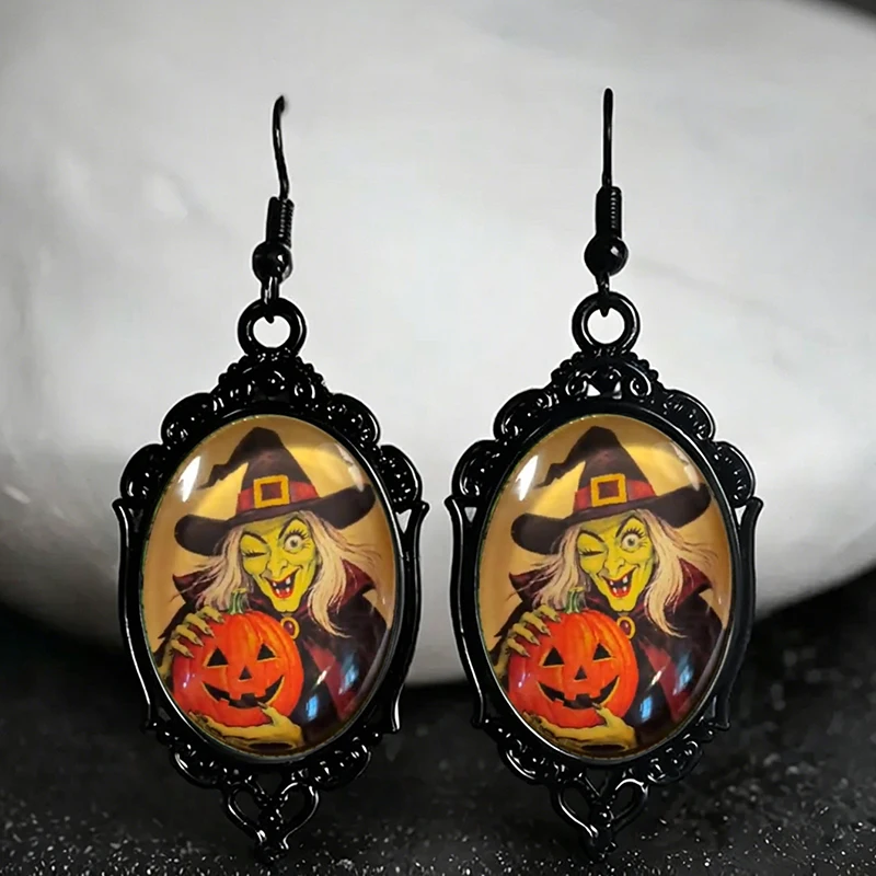 Gotische Halloween-Hexen-Kürbis-Ohrringe Punk Ovale Glas-Hängeohrringe für Frauen und Mädchen