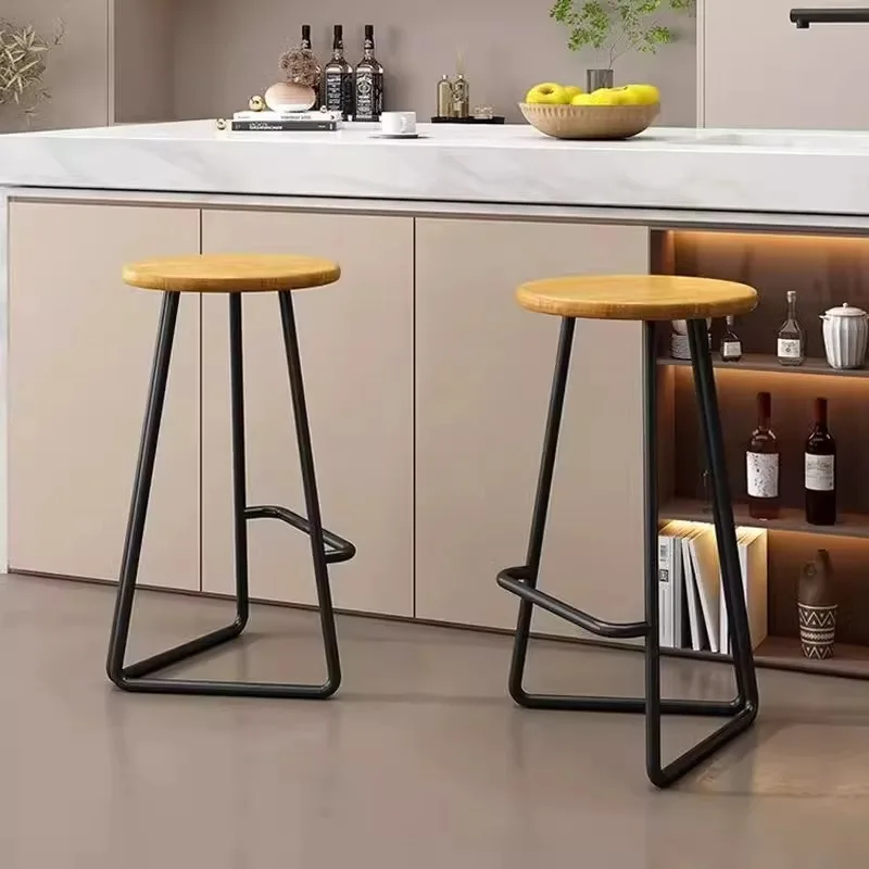 Home Nordic High Bar Chair, Solid Wood Seat Wrought Iron Round Bar Stool for Cafe Counter