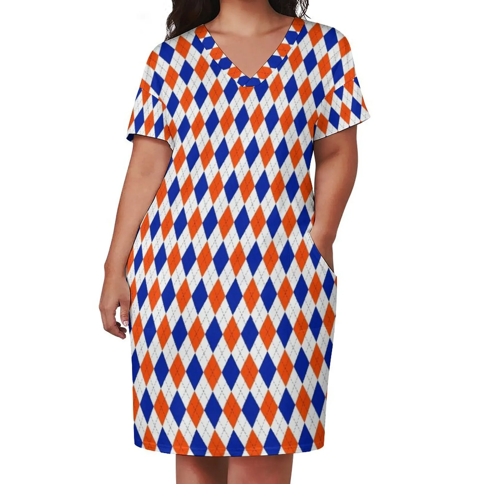 Orange and Blue Traditional Argyle All Over Print Loose Pocket Dress evening dress women long dresses festival outfit women