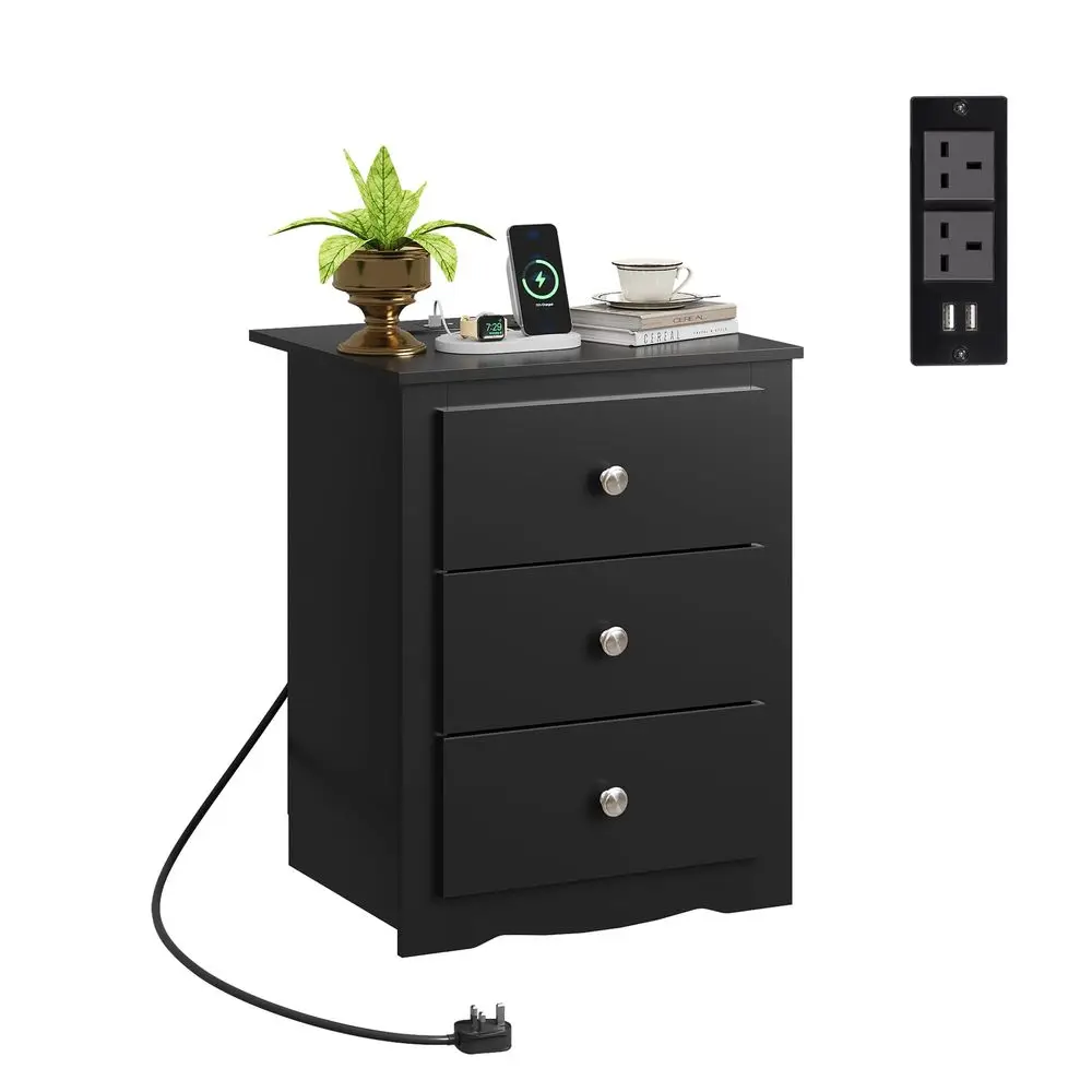 3Drawer Wooden Bedside Table with Charging Station, USB Ports amp Plug Sockets, Nightstand with Storage for Bedroom, Living Roo