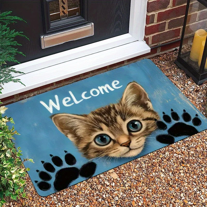 Cute Kitten Doormat, Welcome Cat Face & Paw Print Entrance Rug, Blue Pet Floor Mat, Non-Slip Home Decor for Entryway