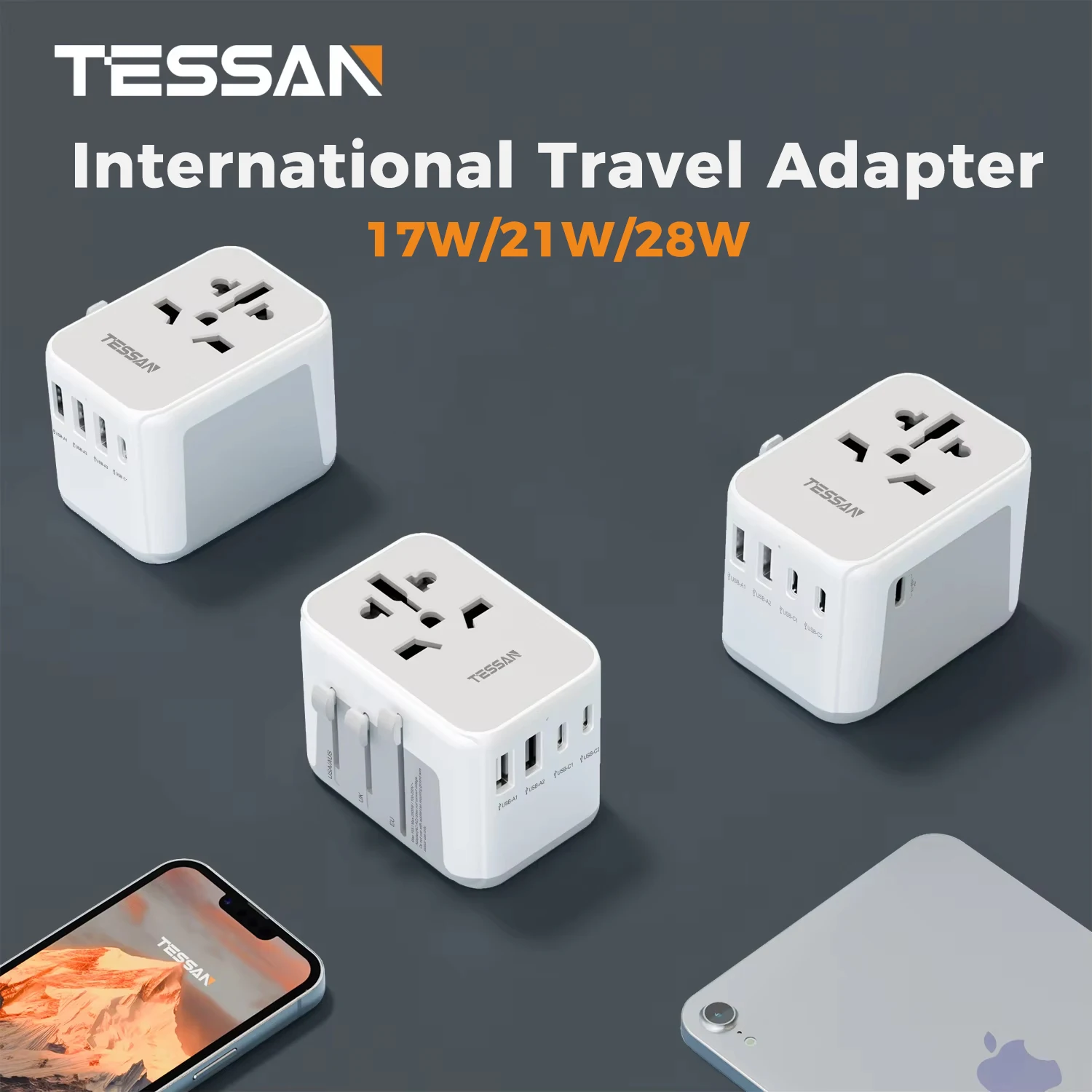 TESSAN 17W 21W 28W 다중 USB 포트가 있는 범용 여행용 플러그 어댑터 고속 충전 전원 어댑터 EU/UK/USA/AUS 플러그 어댑터