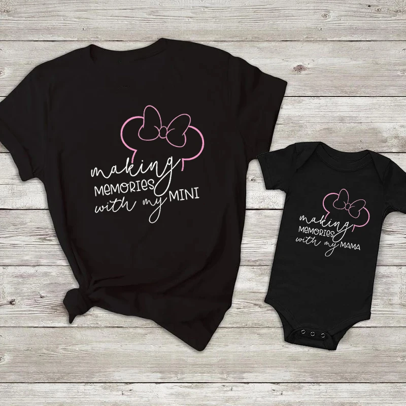 Making Memories With My Mama Mini Print Family Matching Outfits Cotton Minnie Mouse Mother and Daughter Tshirts Baby Rompers