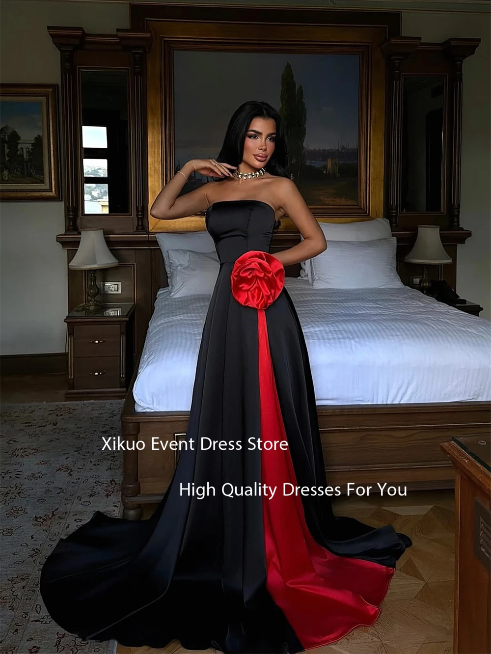 فساتين سهرة Xikuo براقة على شكل حرف A بطول الأرض فساتين حفلات كوكتيل من الساتان بفتحة عالية رداء De Soirée مخصص #4