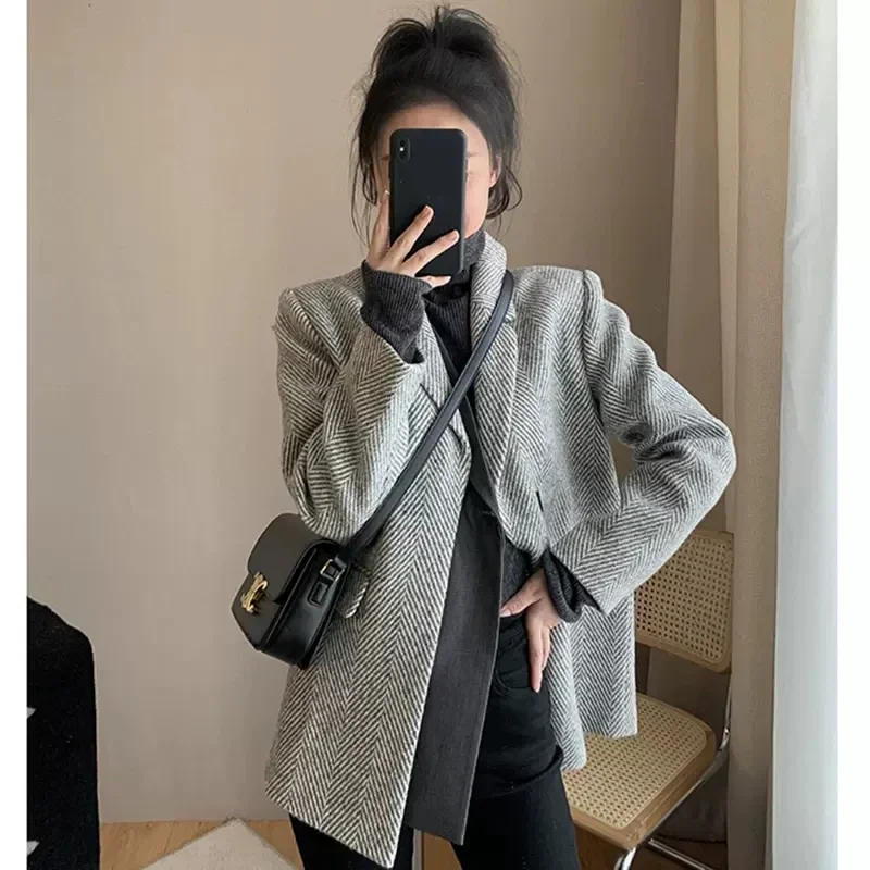 UNXX Herringbone Wool Blend Suit Coat: Women's Autumn/winter Thick Korean-style British 2024 New Wool Overcoat High Quality