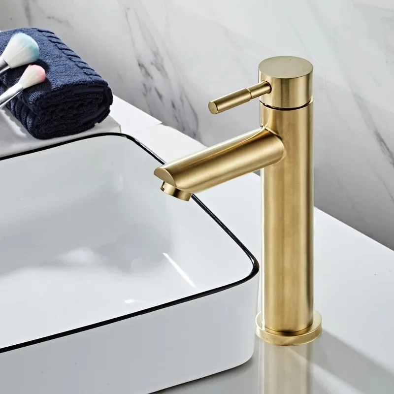 Badkamerkraan Massief Messing Badkamer Wastafelkraan Koud en Warm Water Mengkraan Wastafelkraan Enkele handgreep Badrandcombinaties Geborsteld Gouden Kraan