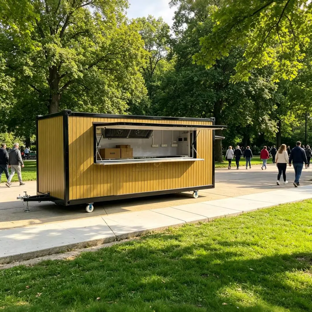 Wood Grain Container Style Mobile Food Kiosk with Wheels Stationary Food Trailer for Fast Food & Street Vending