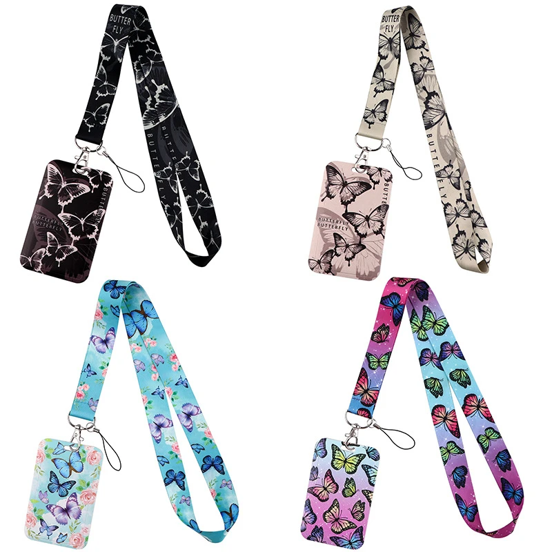 New Butterfly Mobile Phone Lanyard Card Cover Key Chain Bus Student Card Work Permit Sliding Hard Case Lanyard Card Cover