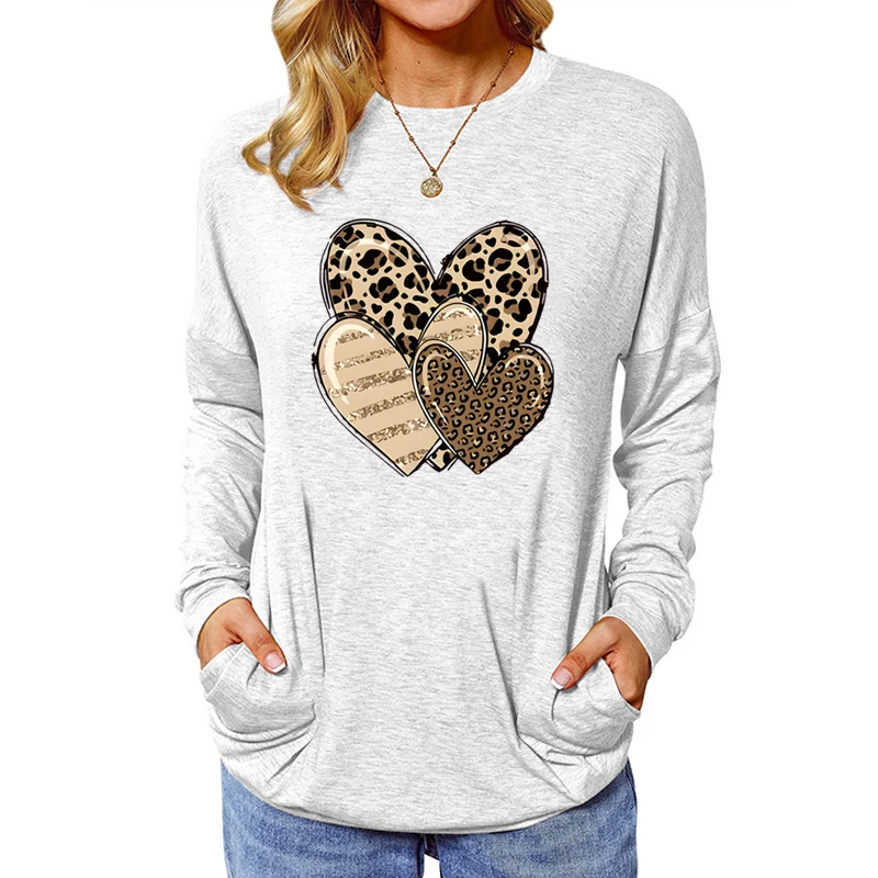 

Женский топ с длинным рукавом, футболки с леопардовым принтом и сердечками, модные повседневные топы, женская рубашка с длинными рукавами с леопардовым принтом в виде сердечек