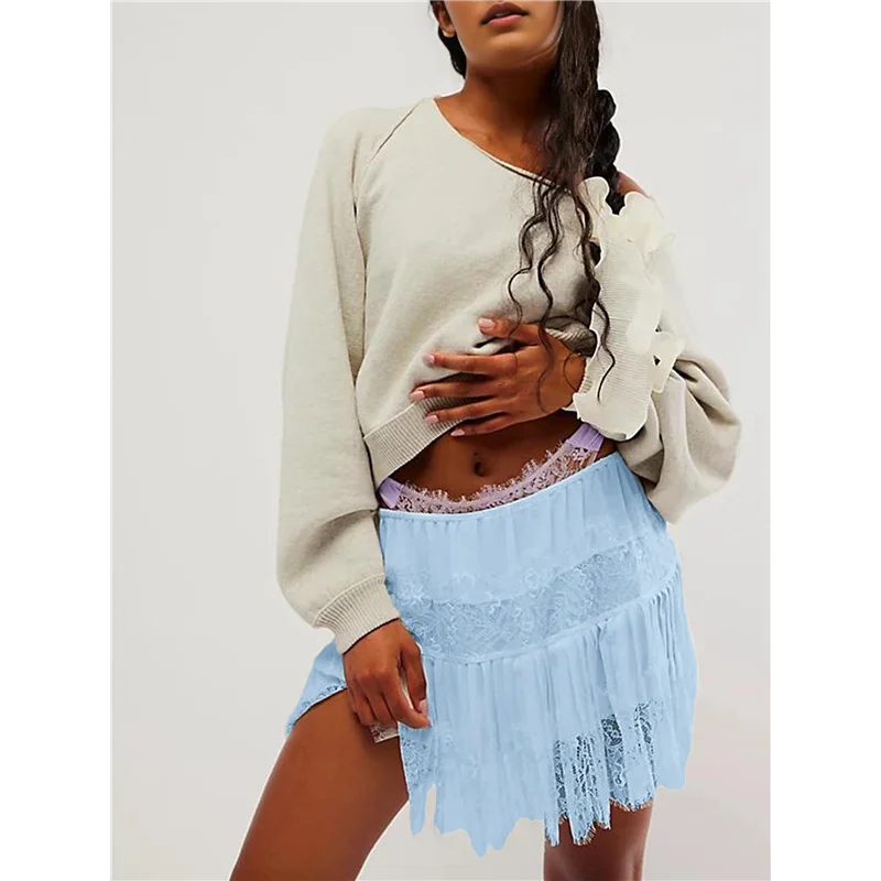 CYL-المرأة Y2k نصف زلة تنورة منخفضة الارتفاع مطوي كشكش Lacetrim تنورة الطبقات فلوي التنانير القصيرة تنورة داخلية #4