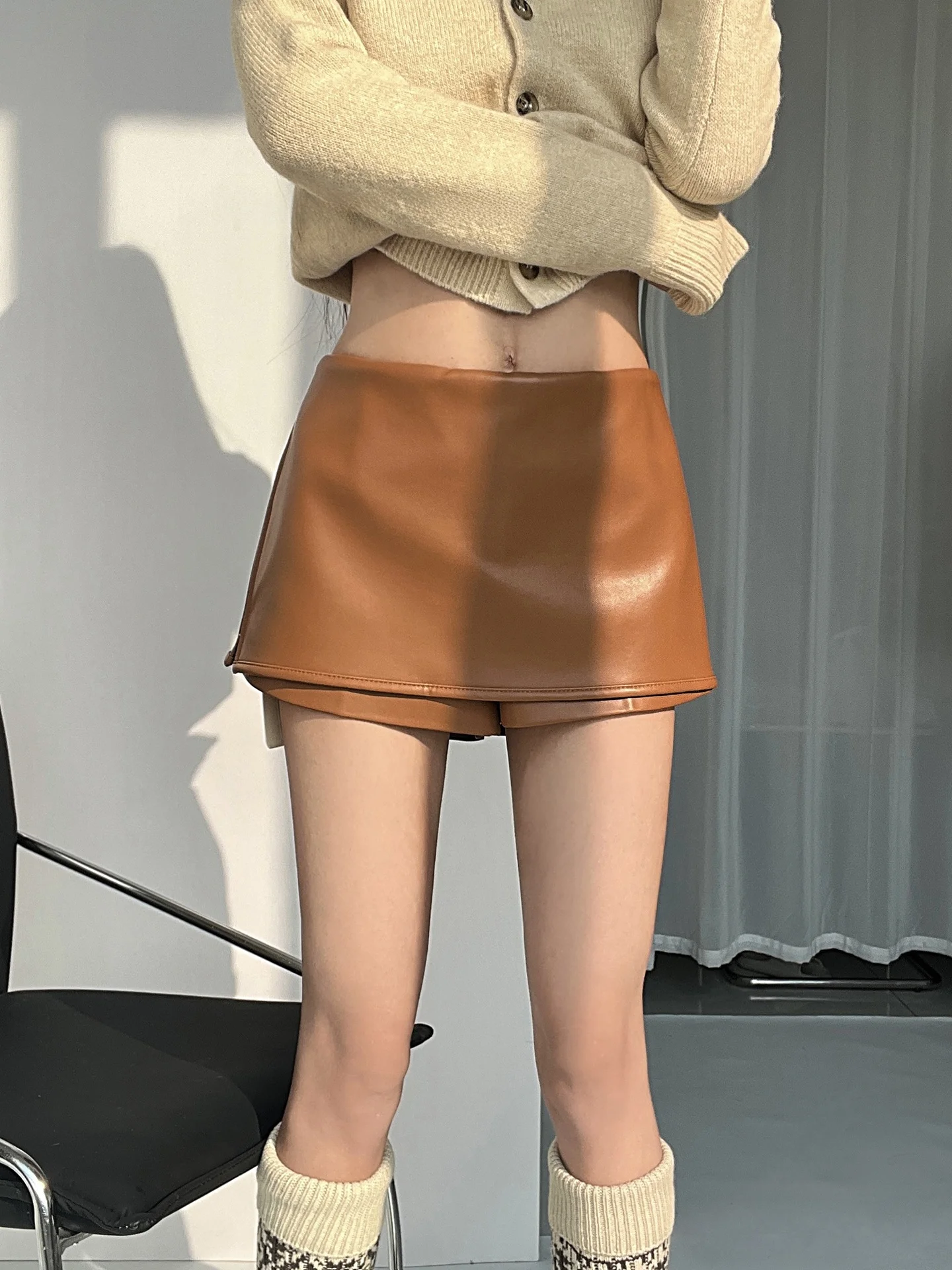 Low Waist PU Leather Skirt Pants Women's A-Line Two-Way Wear Side Zipper Korean Style Casual Fashion Skirt Pants