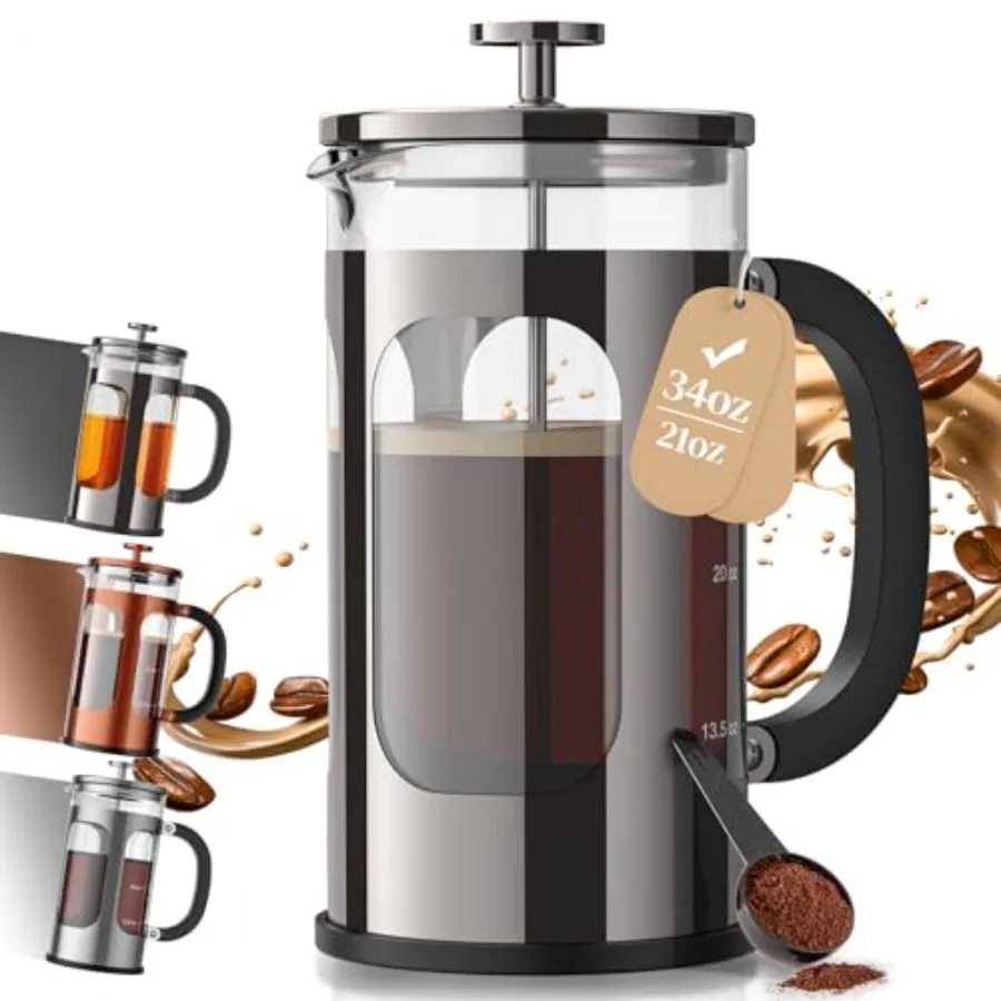 

Кофеварка French Press 34 унции, без пластиковых элементов, из утолщенного стекла и нержавеющей стали, для холодного заваривания, кофейник, чайник для K-типа