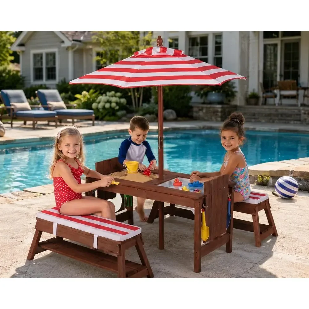 4-in-1 Wooden Toddler Sand & Water Picnic Table with Removable Box, Umbrella, Waterproof Cover, Garden Tools, and Cushions (Red)
