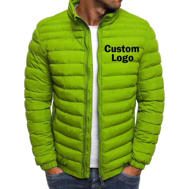 Custom Your Logo Men\'s Puffy Jacket Zipper Long Sleeve Coat Autumn Winter Outerwear Stand Collar Mens Casual Outwear