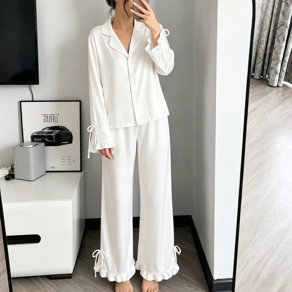 Soft Simulation Silk Satin Pajama Set Autumn and Winter Women's Simple Loose Lace Up Lotus Leaf Side Top Wide Leg Pants Set 2Pcs