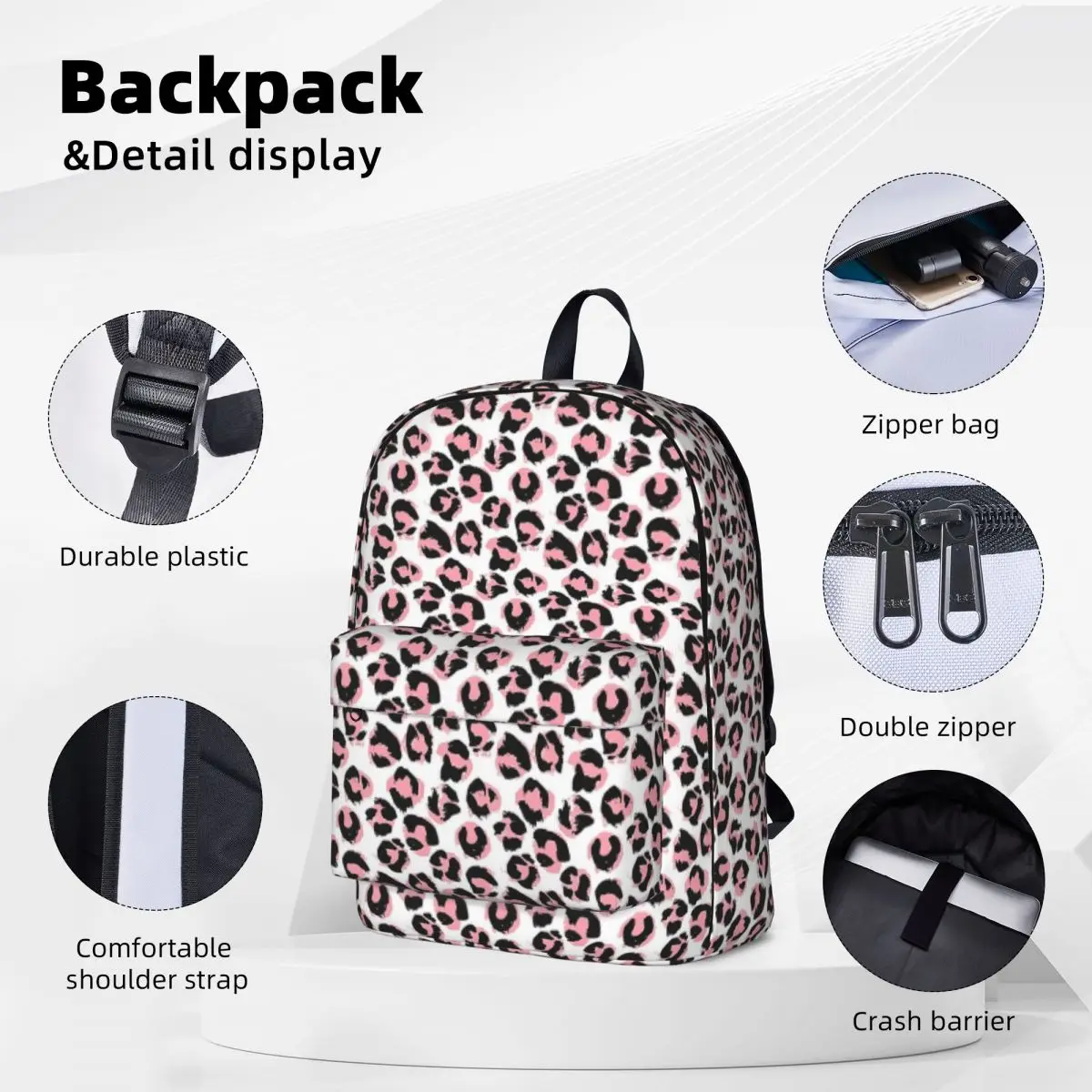 Pink Leopard Backpacks Large Capacity Book bag Shoulder Bag Laptop Rucksack Waterproof Travel Rucksack Children School Bag