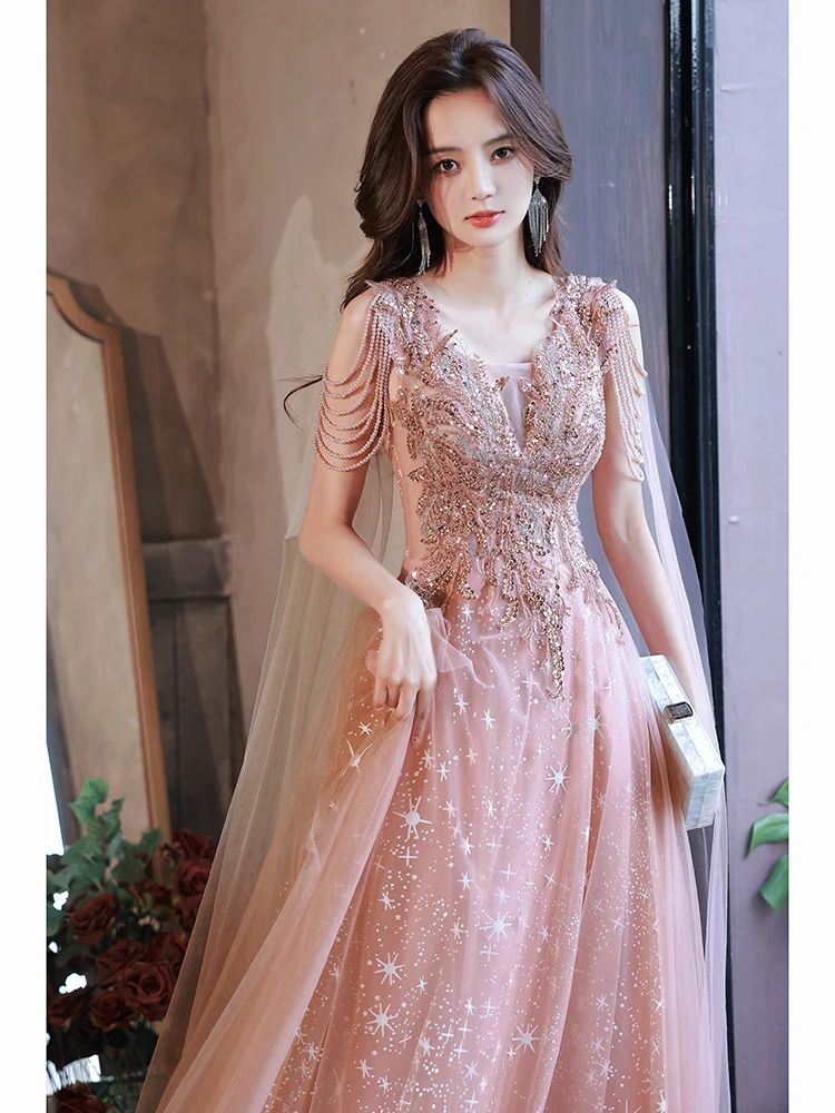 Robe de soiree V-Neck Luxury Mesh Shawl Evening Dress Female Light Banquet Temperament Host Party Prom Gown Vestidos De Gala