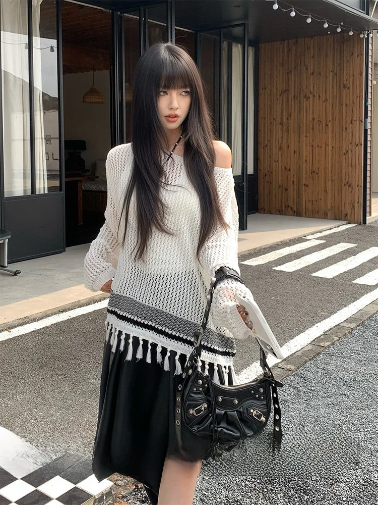 

Summer Vacation Irregular Tassel Knitted Cover up Women's Top Hollow out Design Loose Fit Air Conditioning Shirt