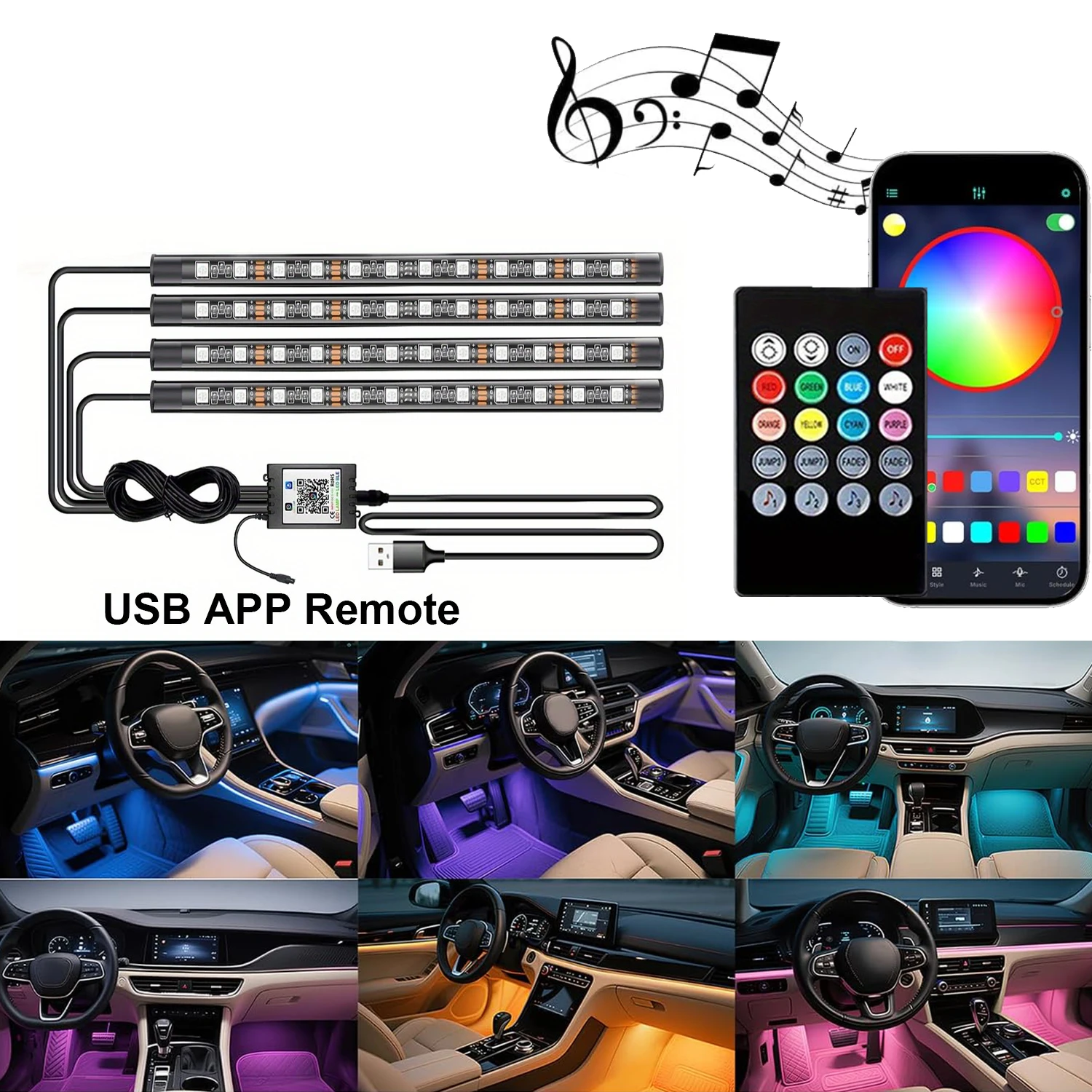 72/48 Neon LED Car Interior Ambient Foot Strip Light Backlight Remote App Music Control Auto RGB Decorative Lamp Car Accessories