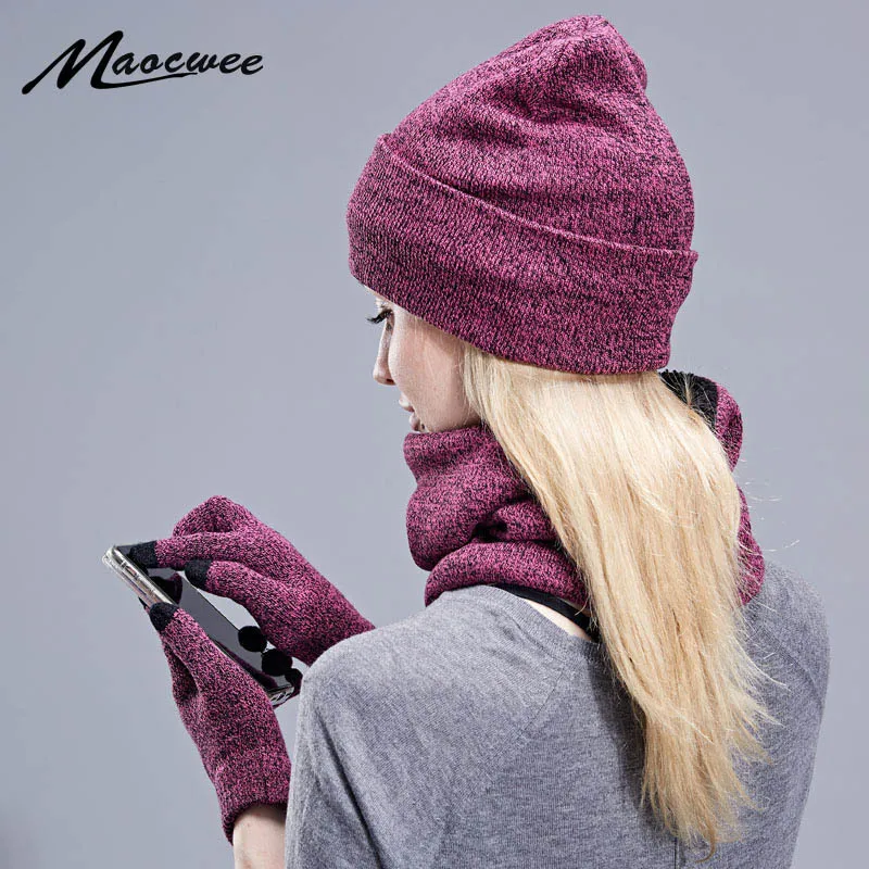 Fleece three-piece warm suit, winter hat, scarf, touch screen gloves