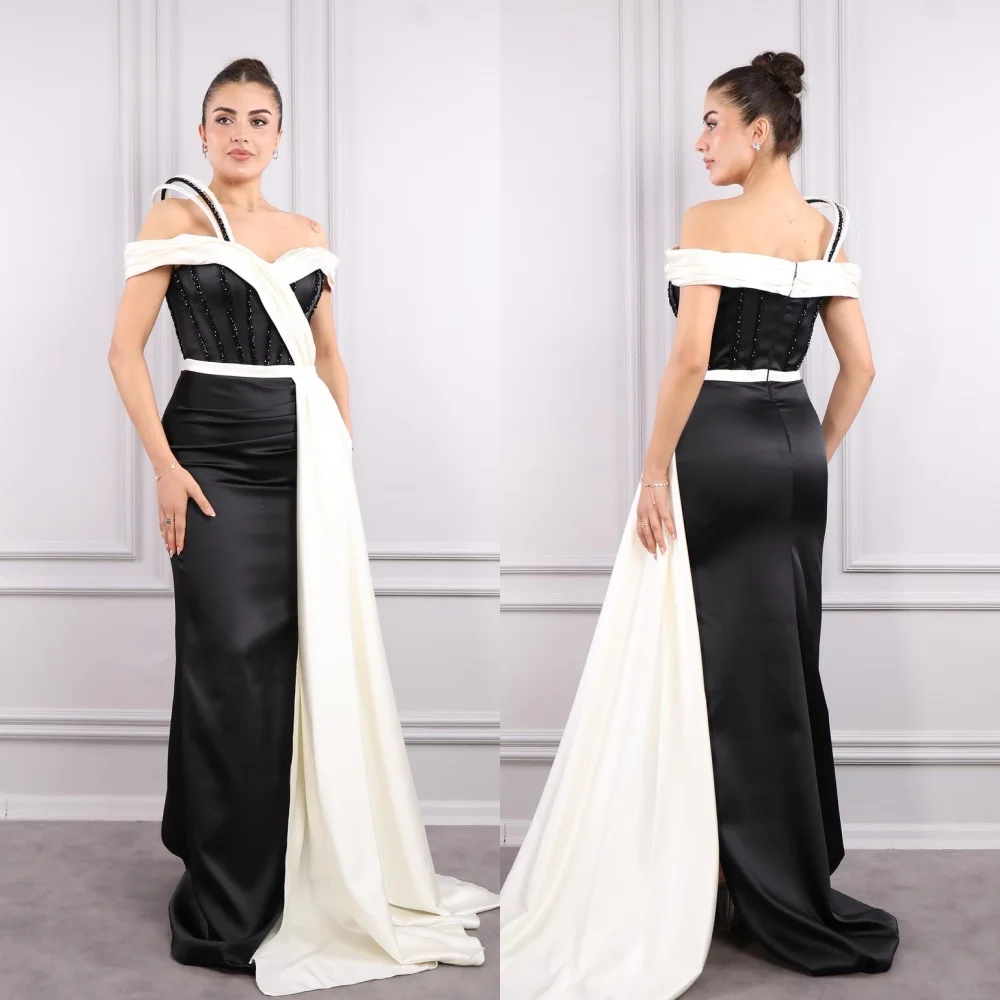 

Satin Sequined Draped Pleat Graduation A-line Off-the-shoulder Bespoke Occasion Gown Long Dresses