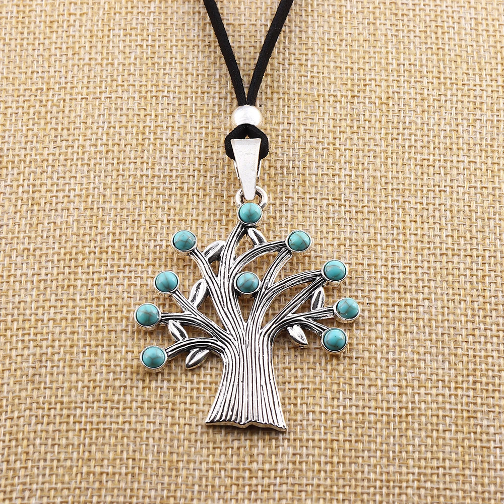 Tibetan Silver Large Faux Turquoise Stone & Tree Pendant Necklace on Long Black Suede Cord Lagenlook 32‘’ for Jewelry Women