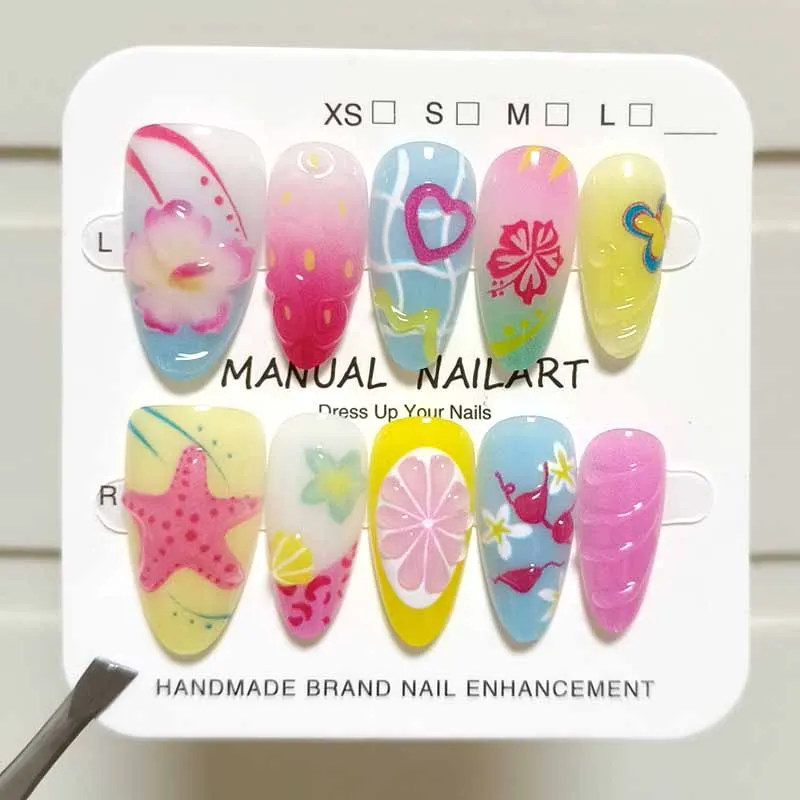 10 faux ongles en amande style français, colorés, effet 3D pétale, pour l'été et la plage, manucure œil de chat, à presser
