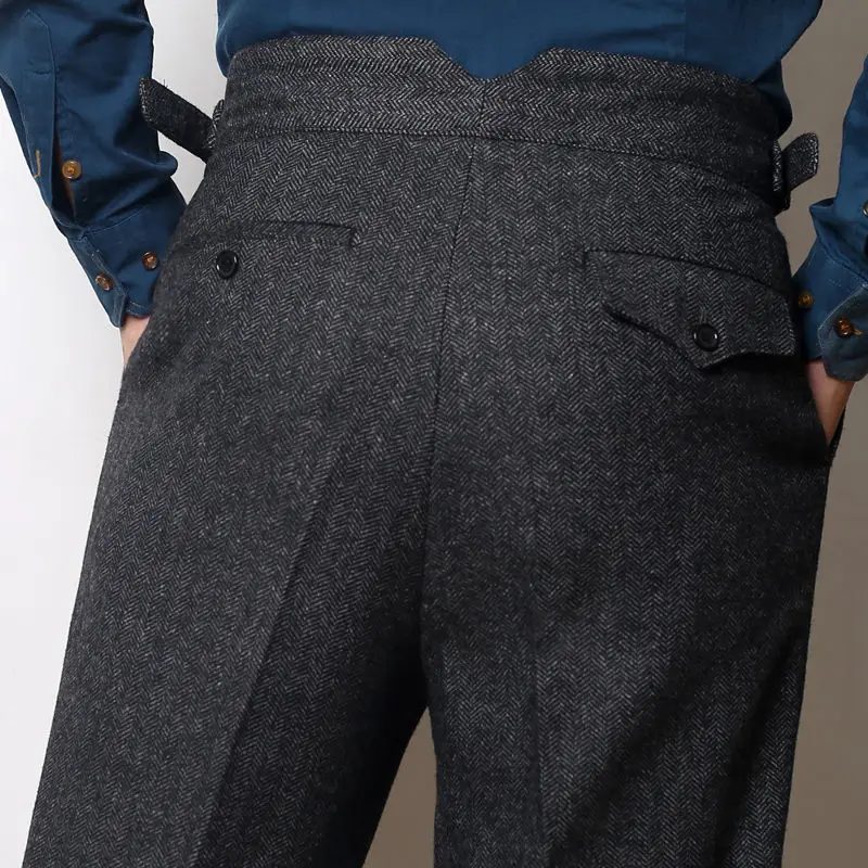 Men Trousers Black Herringbone Wool Tweed Pants for Men Dark Gray Gentleman Trousers for Wedding Vintage Groomsmen Pants 2022