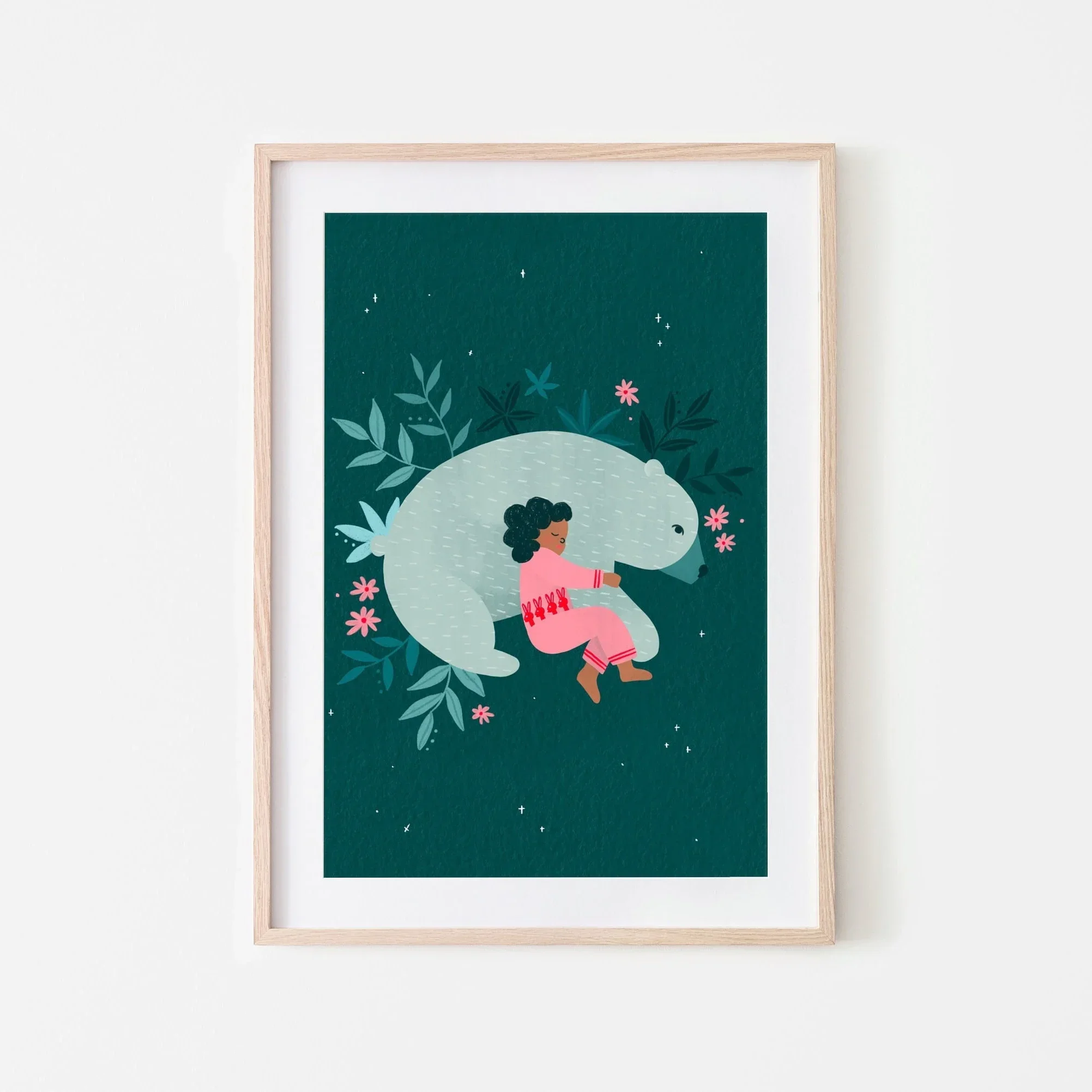 Dreamy Little Girl and the Bear Canvas Painting for Children's Room Decoration Nursery Art Print Fairy Tale Elements Poster