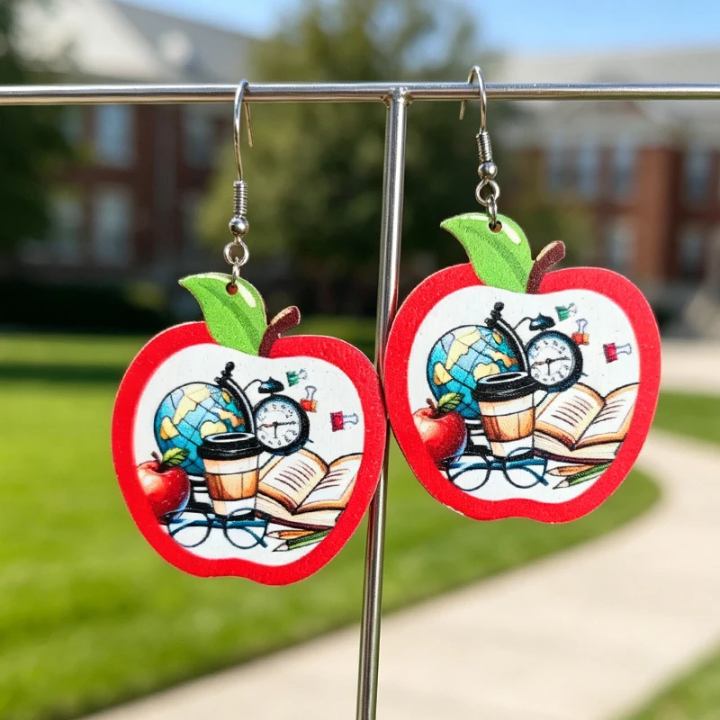 Wooden Apple Earrings, Coffee Cups, Eye Alarm Clock, Book Earrings, Graduation Gifts for the Start of School Season