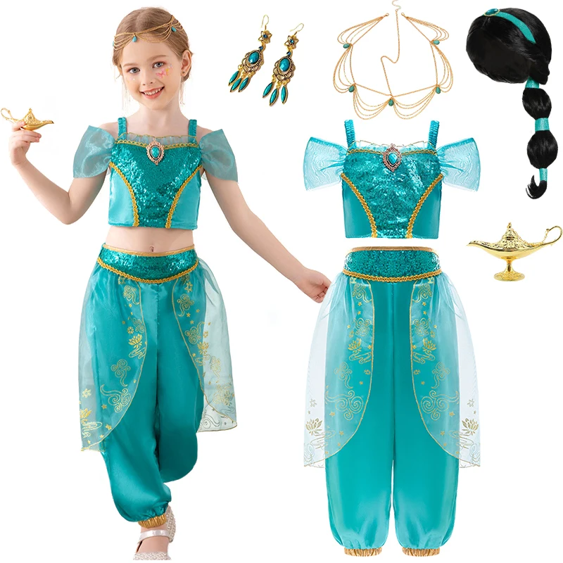 Vestido de princesa Jasmine de Aladdín para niños, ropa tradicional árabe, disfraz de Cosplay de Halloween, práctica de baile, Festival