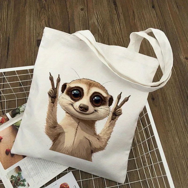 

1pc Cute Meerkat Pattern Canvas Tote Bag Stylish and Reusable Shoulder Bags Large Capacity Handbag for Shopping Daily Use Decor
