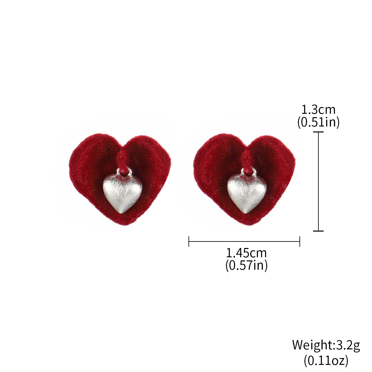 French Vintage Red Velvet Love Heart Stud Earrings for Women Cute Flocked 3D Heart Matte Silver Dangle Jewelry Valentine Gift