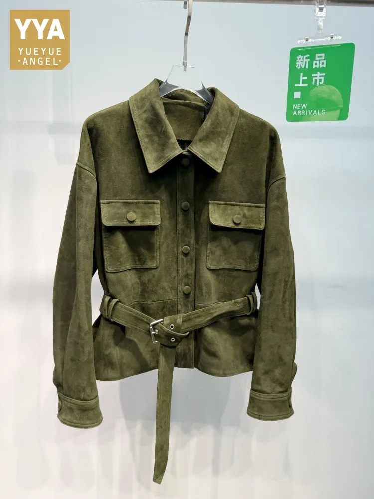 Suede Goatskin Vintage Cargo Jacket Women Single Breasted High Waist Sashes Streetwear Genuine Leather Motorcycle Short Coat