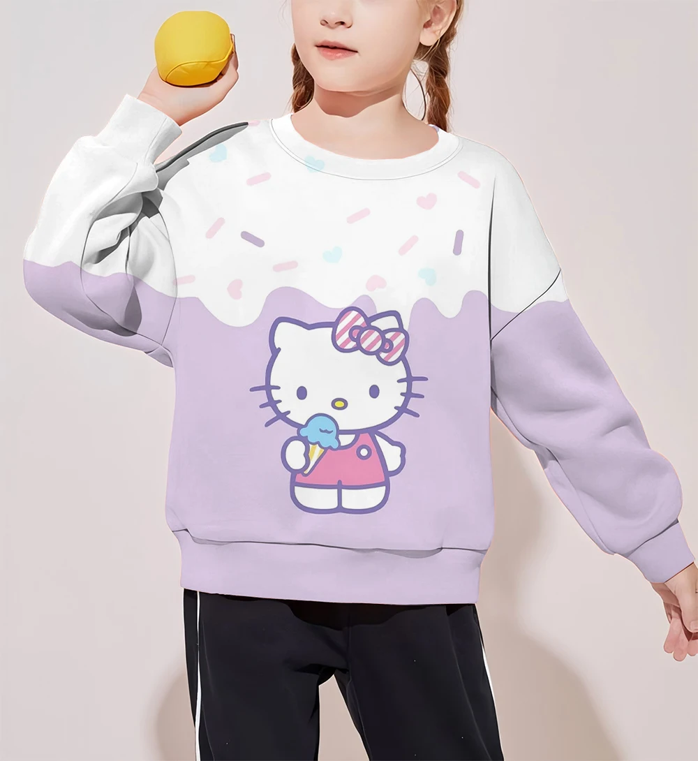 Hello Kitty Cute Cartoon Print Children's Clothing Sweet Girls Tops Autumn and Winter Long Sleeve Round Neck Sweater