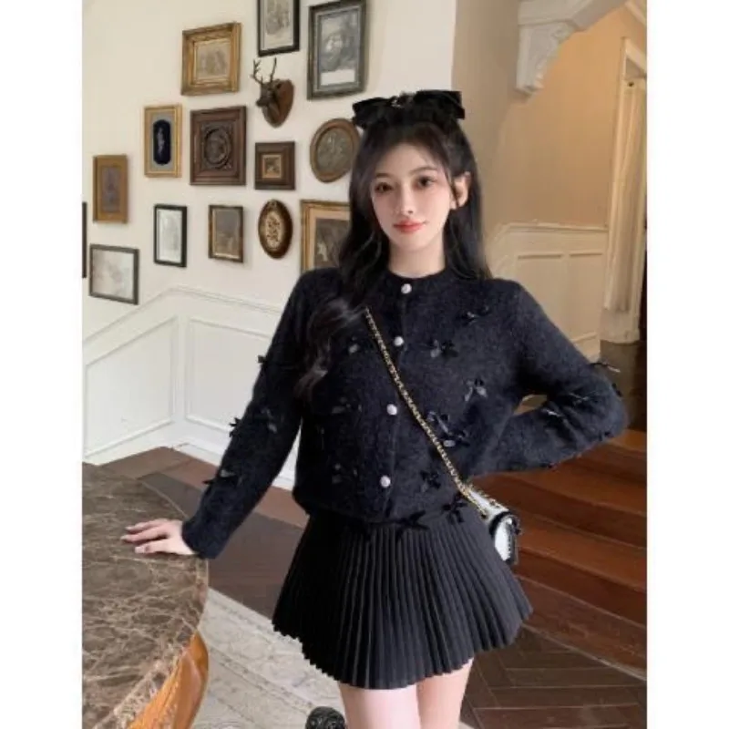 Heavy Industry Design Bow Fragrant Style Knitted Top Sweater Cardigan Autumn and Winter New Grey Jacket