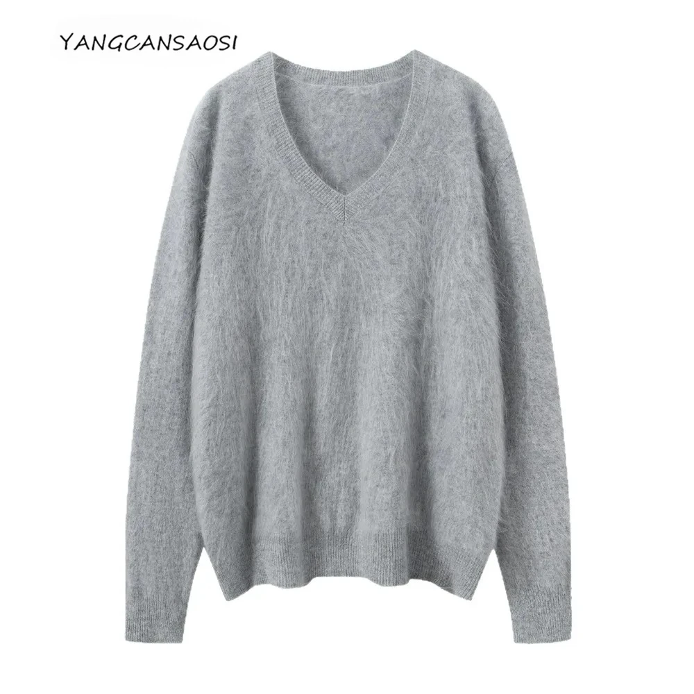 

2025 Women's Autumn and Winter Clothing 100% Cashmere Fashionable Simple Loose and Lazy Style Solid Color Inner Fleece Sweater