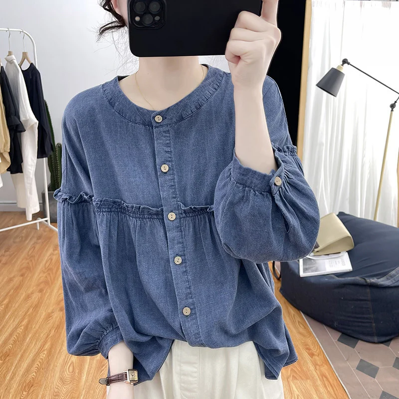 

Lantern Sleeve Pure Cotton Long Sleeved Shirt for Women Spring Summer Autumn Retro Ruffled Seven Quarter Sleeved Shirt Blouse