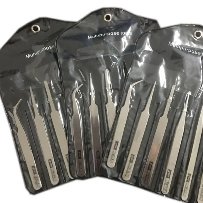 [W] 6Pcs Stainless Steel Tweezers Kit Bent Straight Precision Tips Industrial Repair Tool For Detailed Work