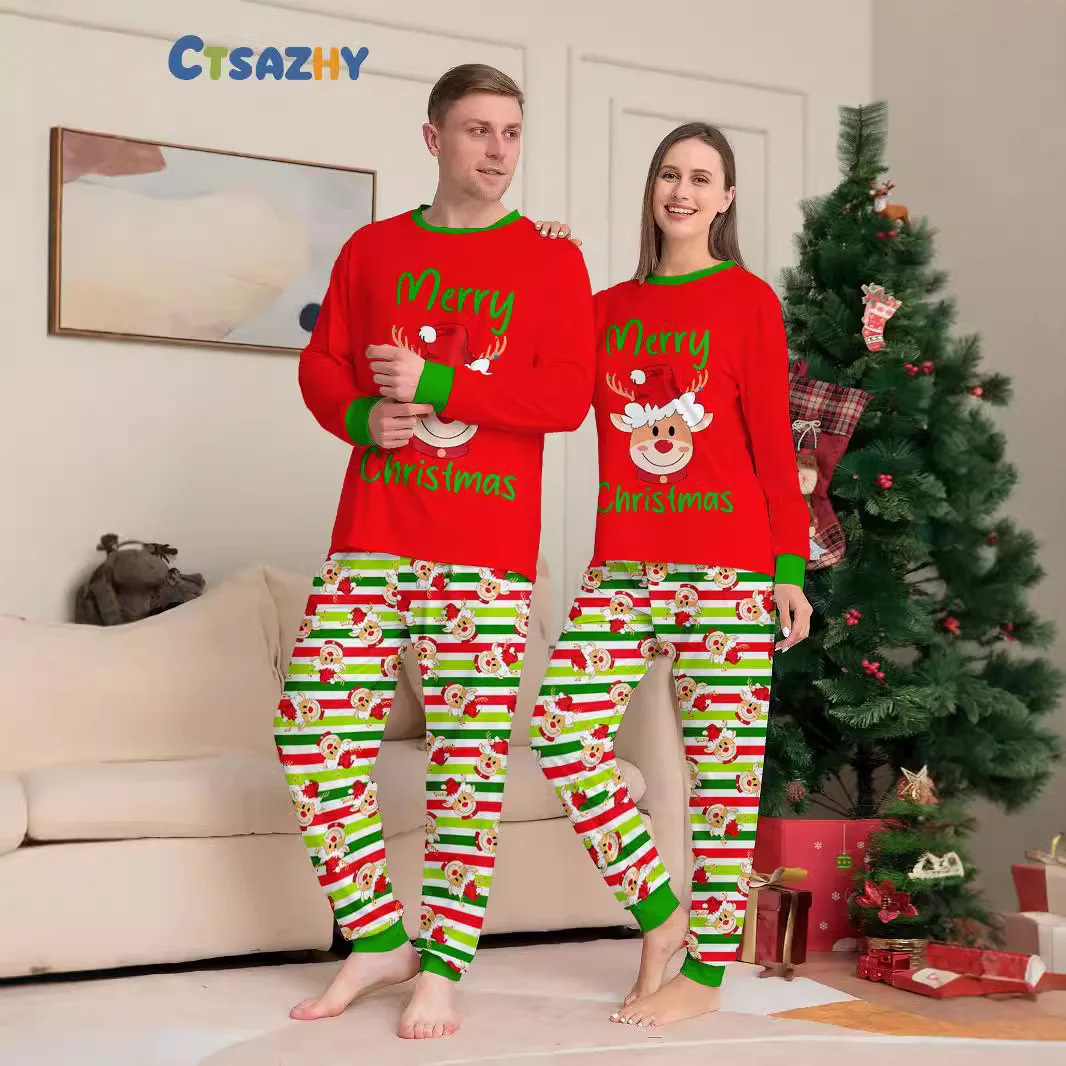New Family Package Christmas Parent Child Cartoon Printed Home Clothes Pajama Top+Pants Pajama 2-piece Set Dad Mom And Me  123