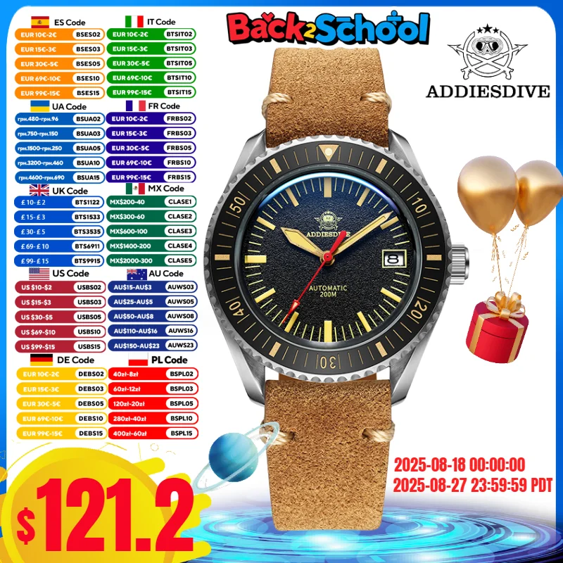 

ADDIESDIVE Men Watch Leather Sapphire Glass 200m Diver C3 Super Luminous AD2105 Calendar Window NH35 Automatic Mechanical Watch