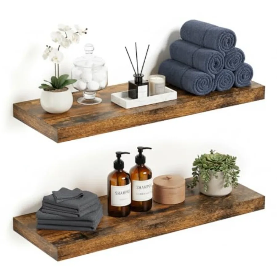 

24 inch Floating Wall Shelves for Bathroom Bedroom Living Room Kitchen Office Rustic Brown Wooden Shelves with Invisible Bracke